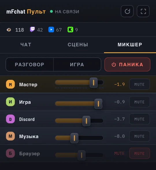 Телефон-пульт mFchat: микшер громкости приложений
